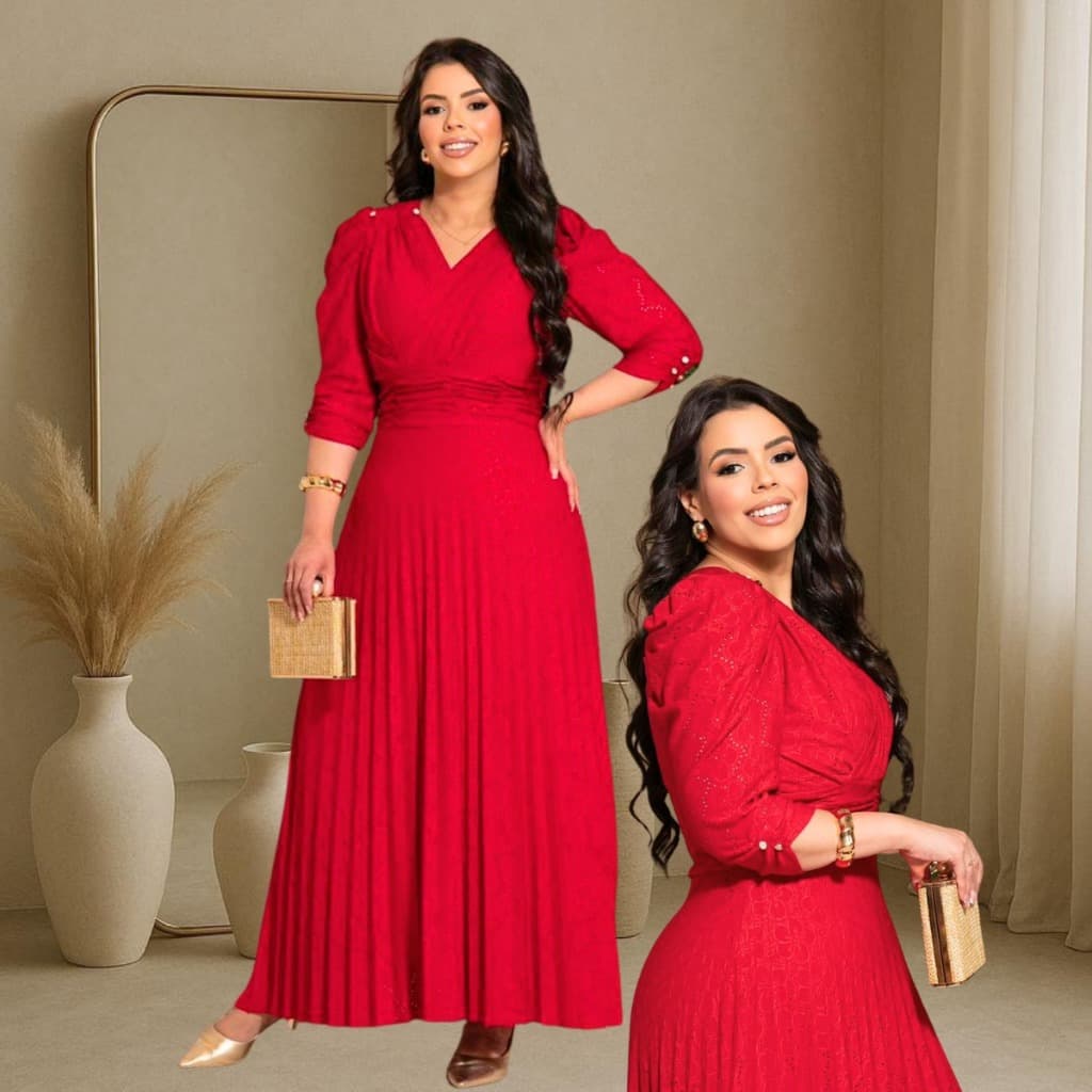Vestido Longo Juliana no Tecido Malha Lese Premium Elegante Plissado Ideal para Momentos Especiais!