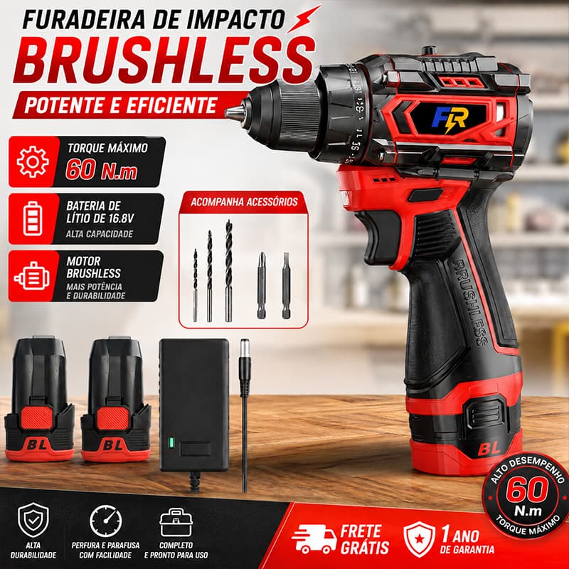 Furadeira Parafusadeira de Impacto 16.8V Profissional Brushless 60Nm 2 Baterias com 2 Bits 3 Brocas