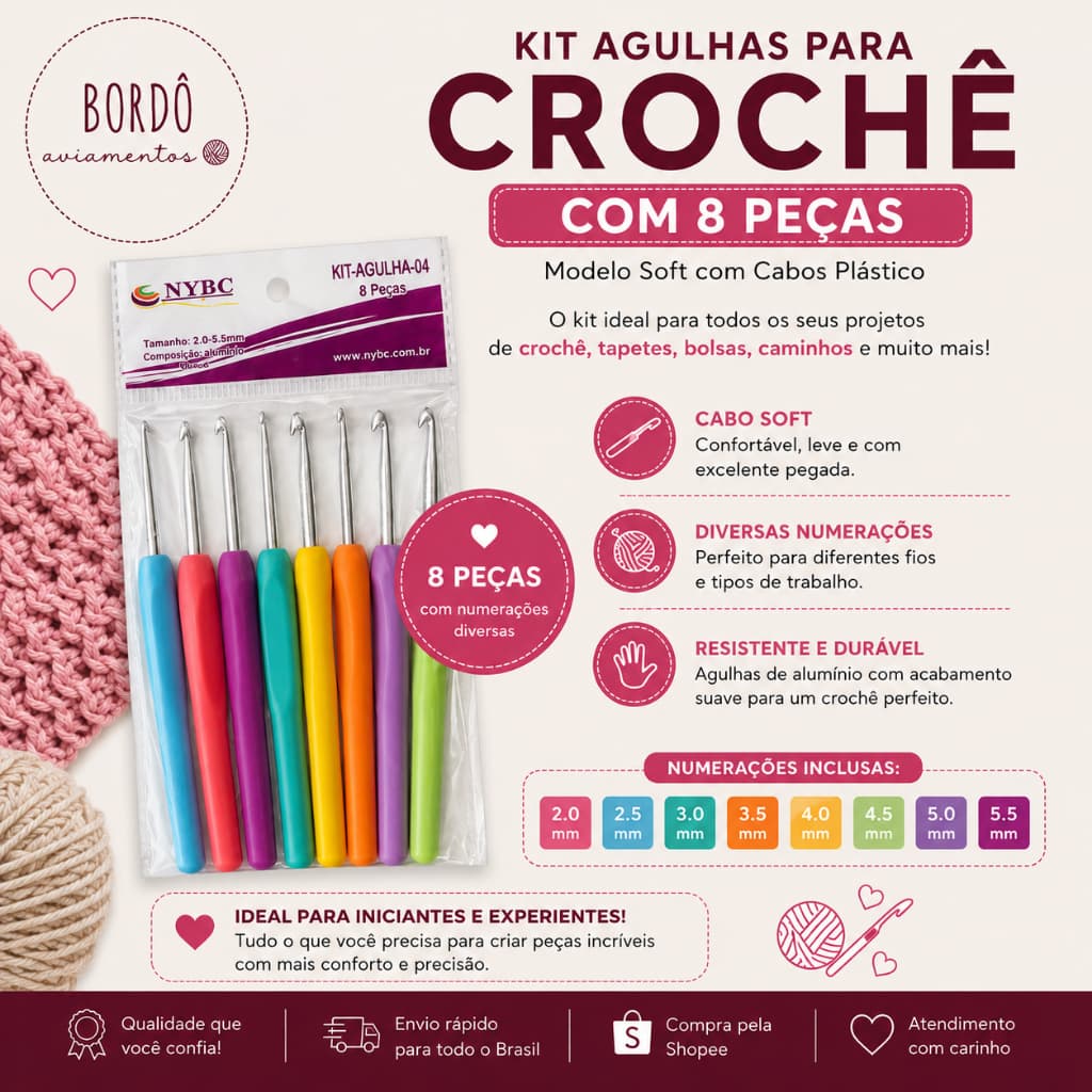 Kit 8 Agulhas de Crochê Cabo Ergonômicas NYBC 2,0 a 5,5 mm Coloridas Para Amigurumi Artesanato e Iniciantes