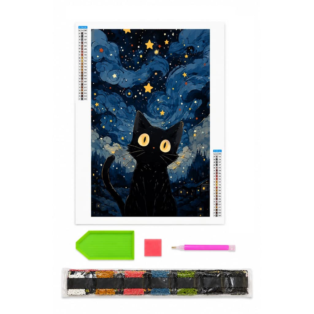 Kit Completo Pintura Diamante 5d Gatinho preto noite estrelada 20x30 Diy