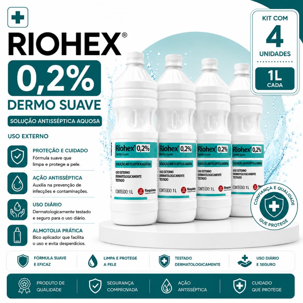 Clorexidina 0,2% Riohex Solução Aquosa 1 Litro C/ 4 Unidades - Rioquímica