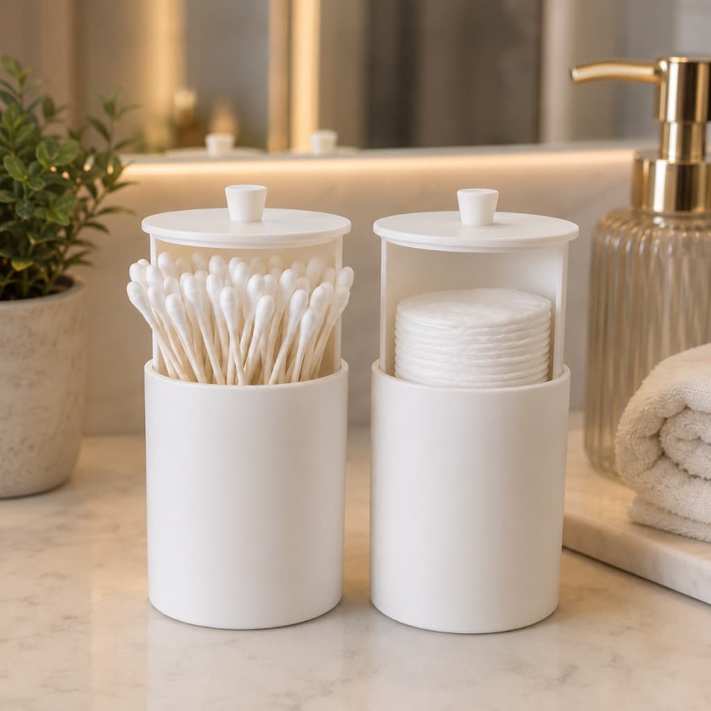 kIT Organizador Cotonetes e Algodão Porta Itens de Higiene Maquiagem Itens Bebês Bancada Banheiro Lavabo Penteadeira