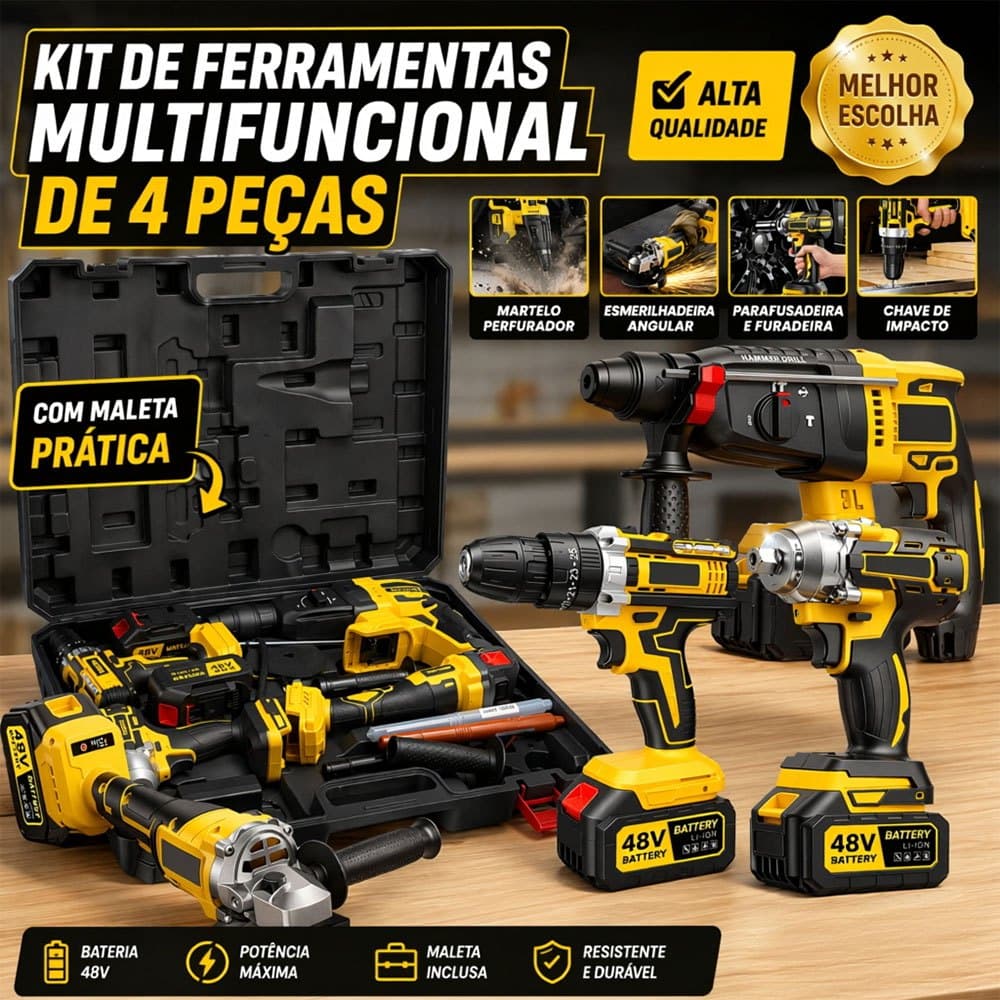 Kit multiferramentas elétrico 48V 4 peças sem fio furadeira chave de impacto esmerilhadeira martelete com carregador