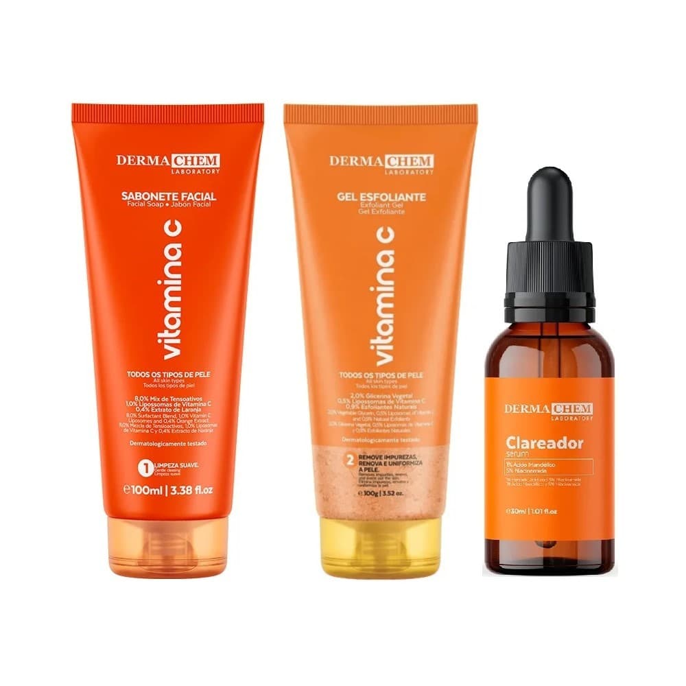 Dermachem Linha Vitamina C Sabonete Líquido, Gel Esfoliante e Sérum Clareador Hidratação Clareamento