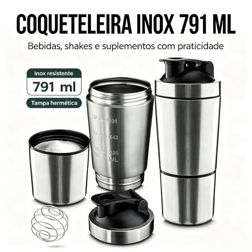 Coqueteleira 791ml com Divisória e Misturador em Aço Inox para Whey Protein e Suplementos Pré Treino