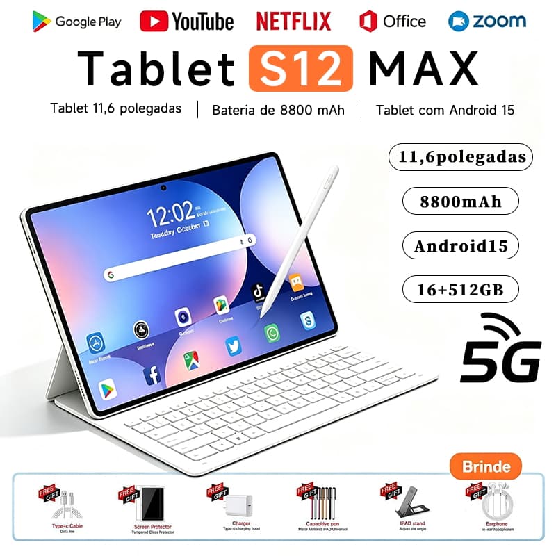 Tablet S12 MAX 11.6" Android 15 | 16+512GB | 5G + Wi-Fi 6 | Tela HD| Bateria 8800mAh | MTK6799 | GPS + Acessórios Grátis