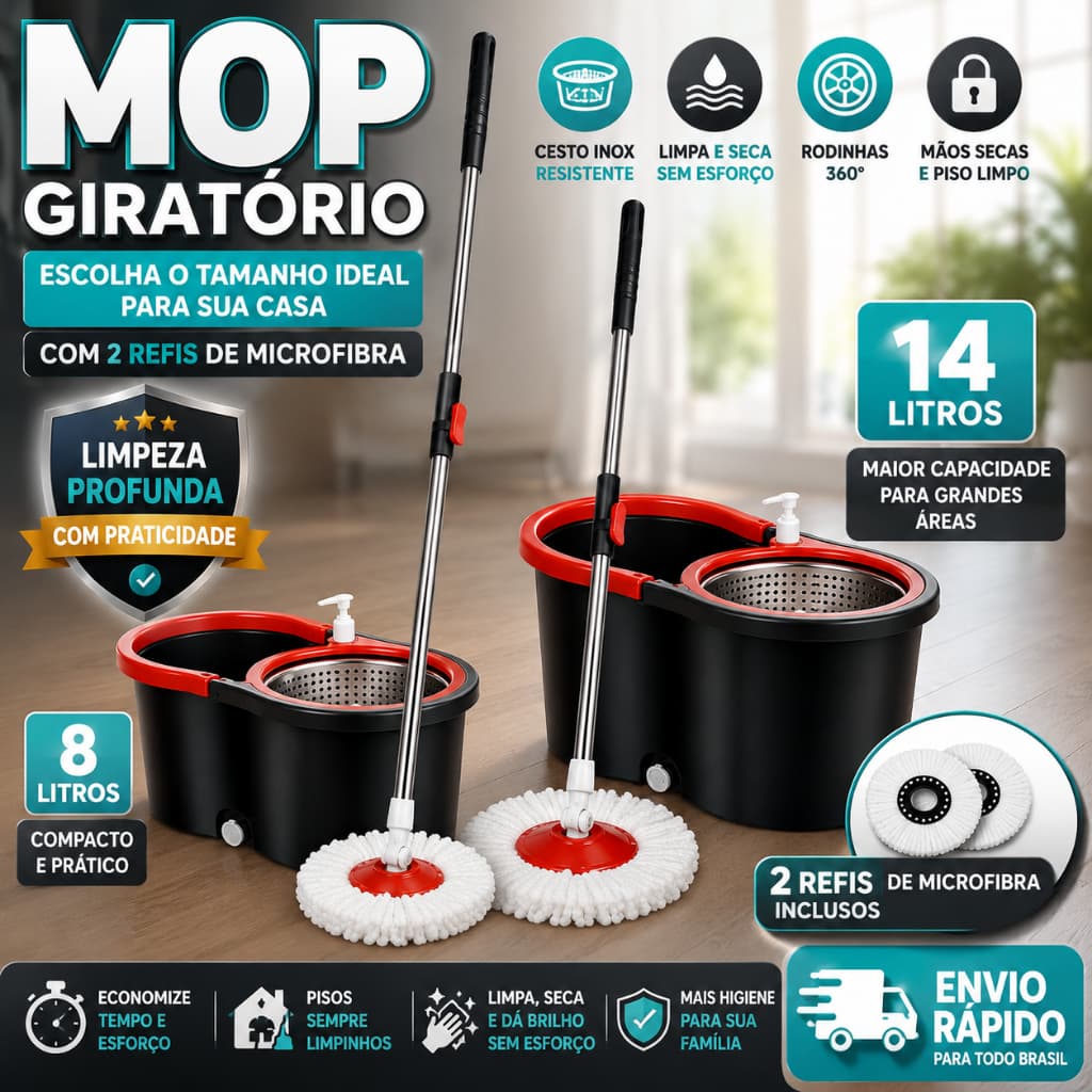 Mop C/ cabo de 140 cm + 2 Refis - Rodinhas e Cesto Em Inox - Balde Centrífuga - CH