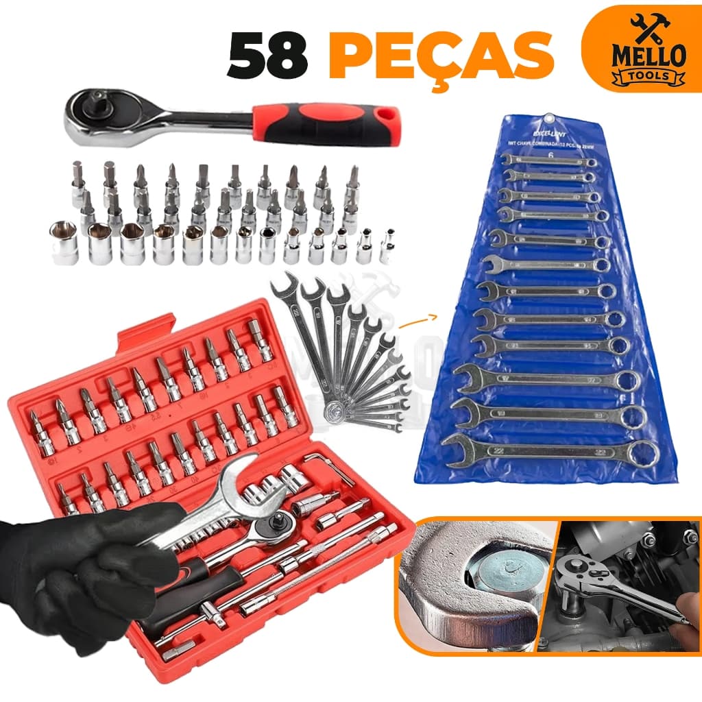Jogo Kit Ferramentas 58 Peças Completo com Soquetes, Catraca, Bits e Chaves Combinadas – Jogo Kit Profissional