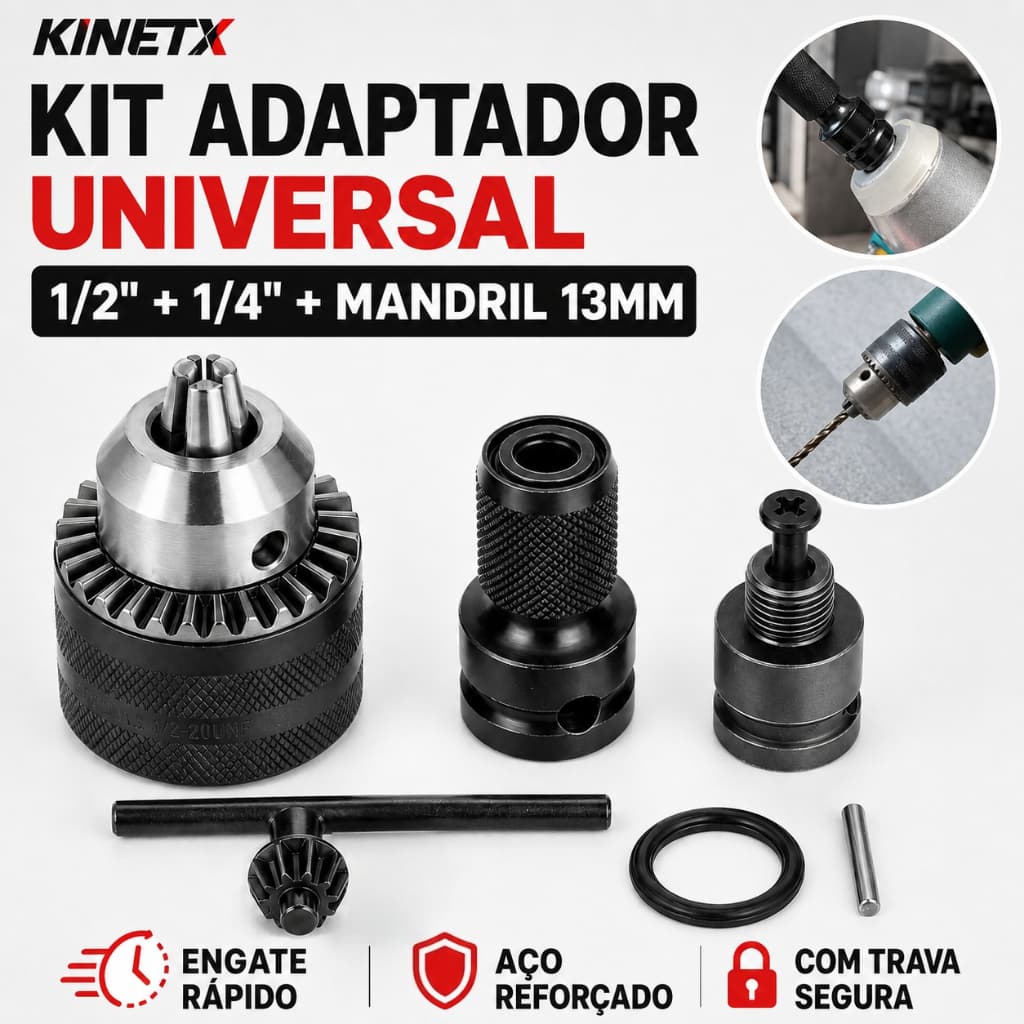KINETX Kit Brocas Para Furadeira Mandril Parafusadeira Adaptador Para Furadeira Com Chave E Impacto 1/2