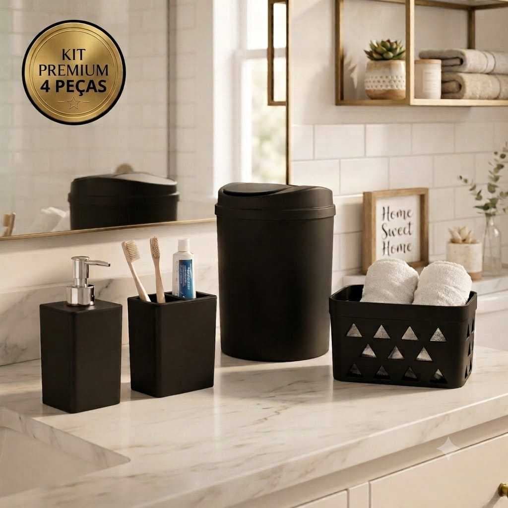 Kit Banheiro Lavabo 4 Peças Lixeira 5L Porta Sabonete Porta Escovas Cesto Organizador Preto Fosco Premium