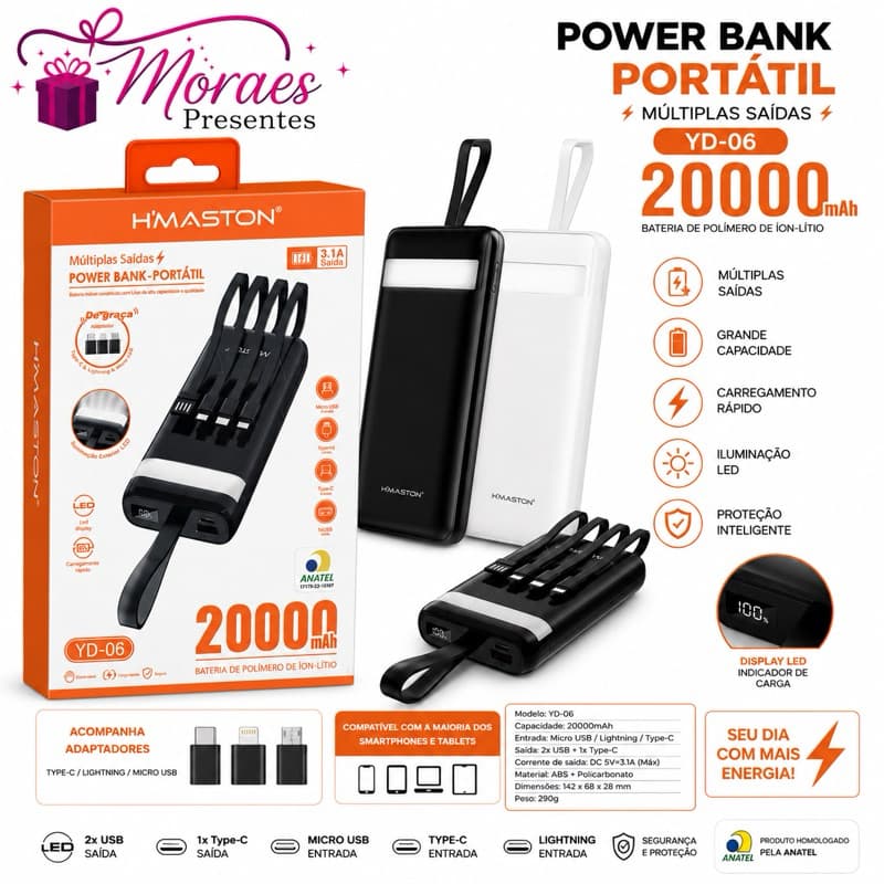 carregador portátil, bateria portátil, power bank H’MASTON, carregamento rápido, carregador celular, USB-C, Lightning,