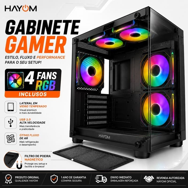 Gabinete Gamer Hayom GB1796 / GB1797 com 4 Fans RGB | Vidro Temperado | USB 3.0 | Suporte Water Cooler