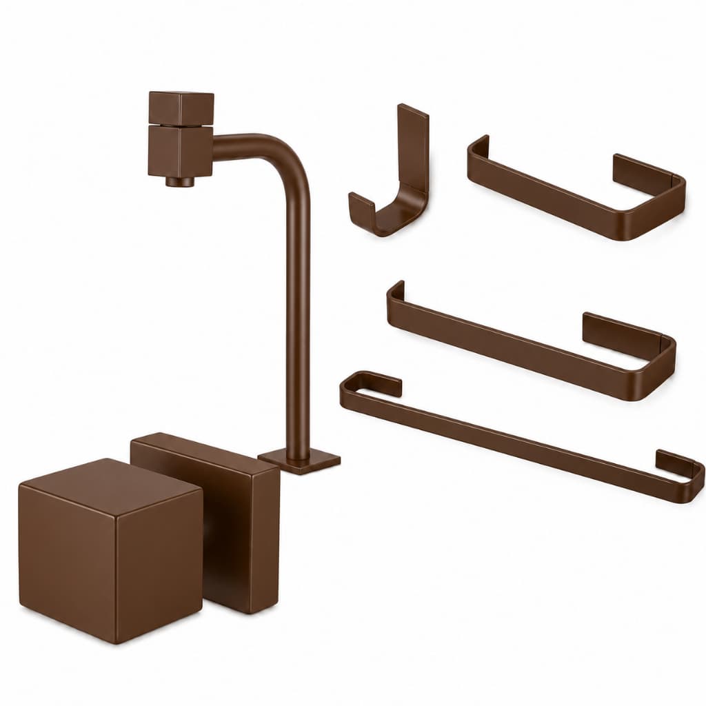 KIT COMPLETO PARA BANHEIRO LUXO, TORNEIRA CUBA MARROM TODA EM METAL + KIT 4 PEÇAS + ACABAMENTO QUADRADO TODO EM METAL