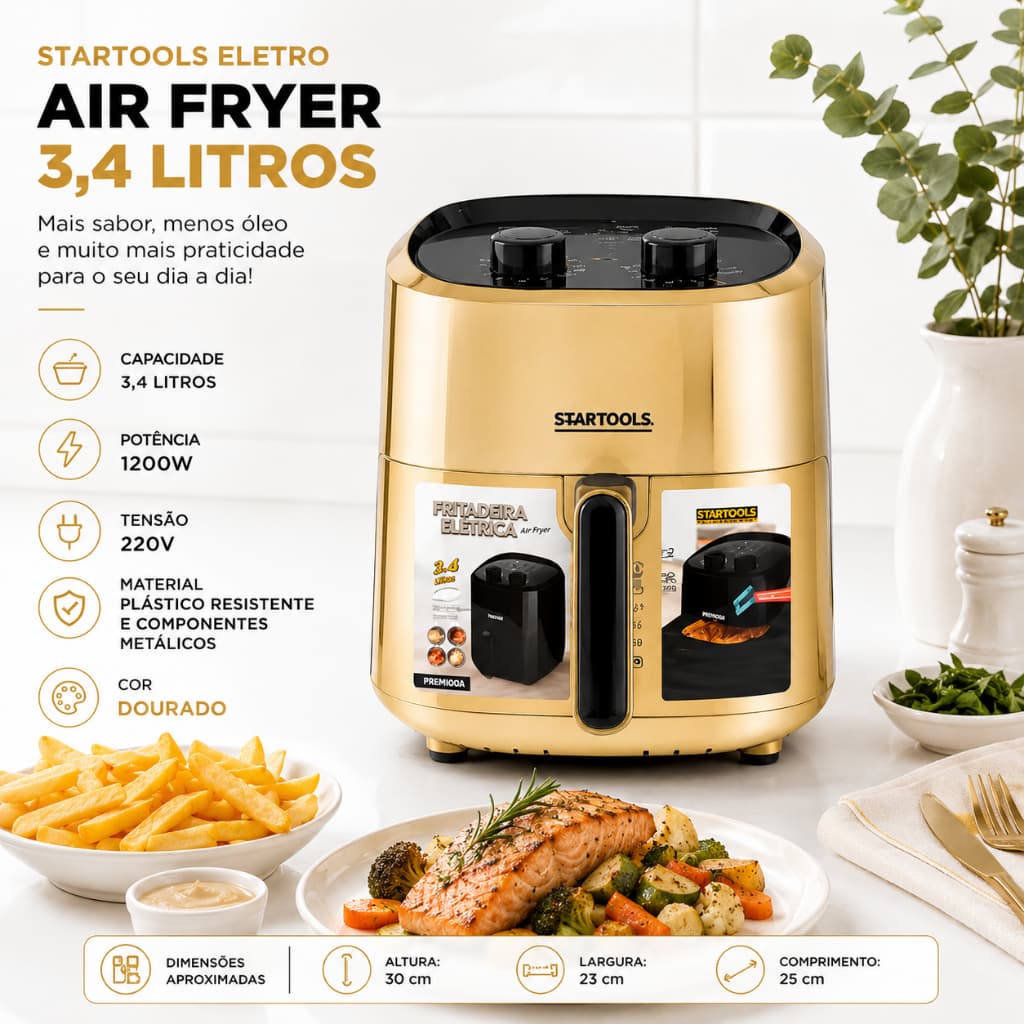 Golden Fry Pro™ Air Fryer 3.4L 1200W 220V – Fritadeira Elétrica Sem Óleo com Controle de Temperatura e Timer