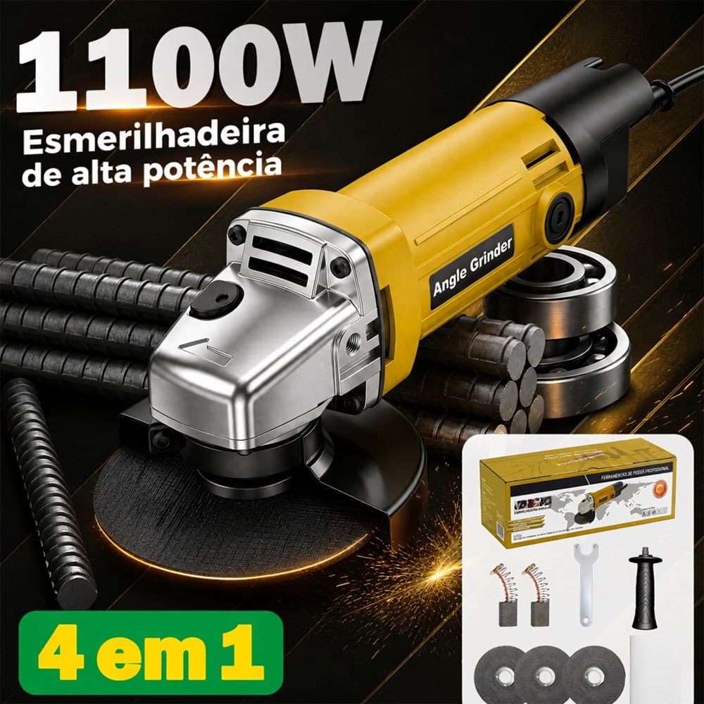 Esmerilhadeira Angular Elétrica com Fio 127V/220V 1100W Profissional Disco 4.1/2" Para Corte e Desbaste