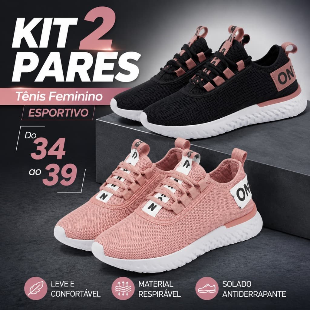 2 Pares Tênis Feminino Casual Esportivo Preto Rosa Confortável Leve Dia a Dia