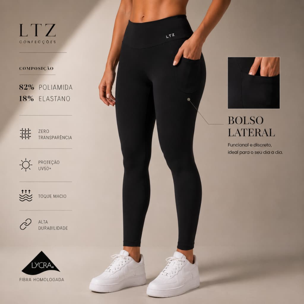 Legging Fitness Poliamida Premium Cintura Alta e Bolso Lateral