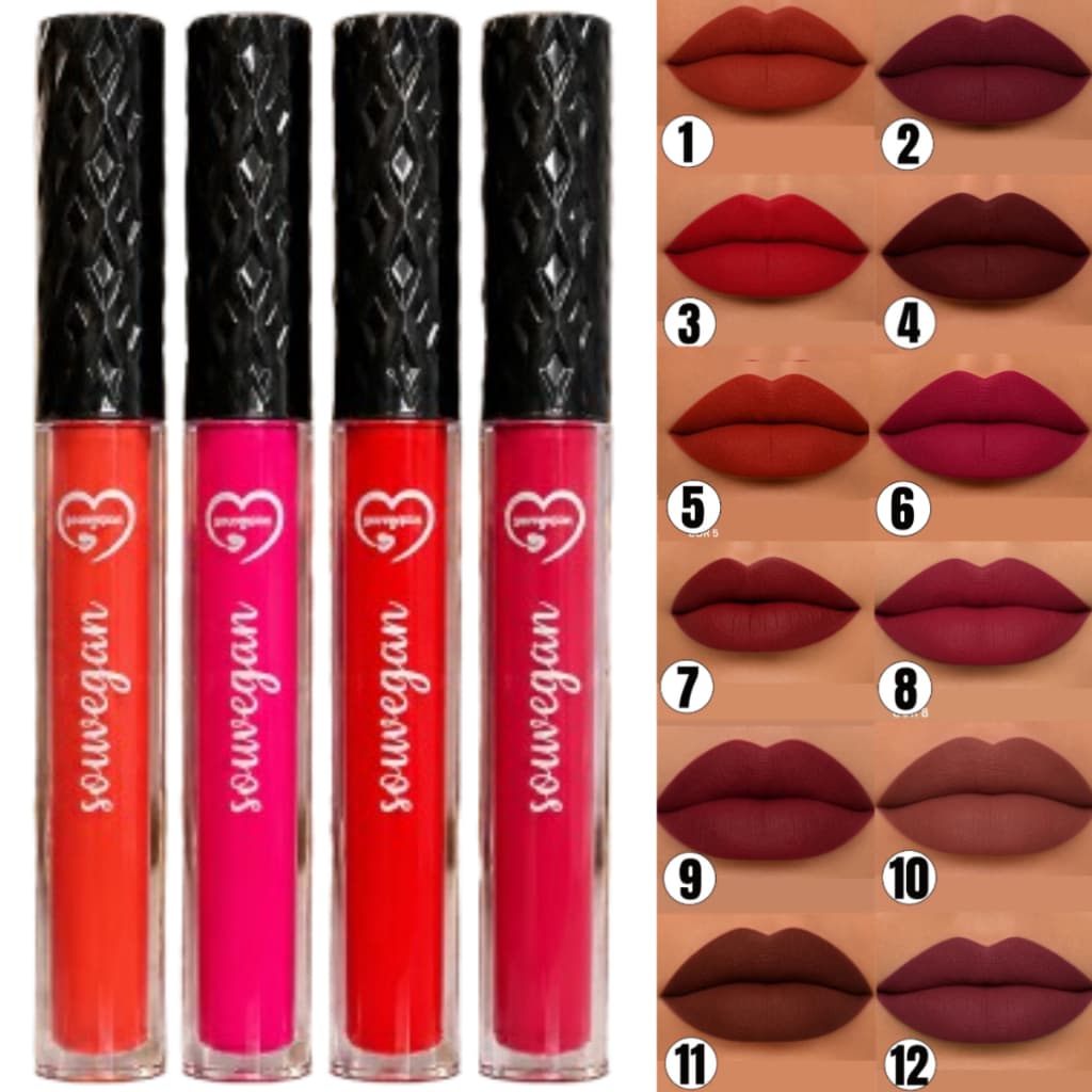 Batom Líquido Matte Não Transfere Vermelho Marrom Nude Rosa Longa Duração Prova D'água Vegano Sou Vegan 4ml 12 Cores