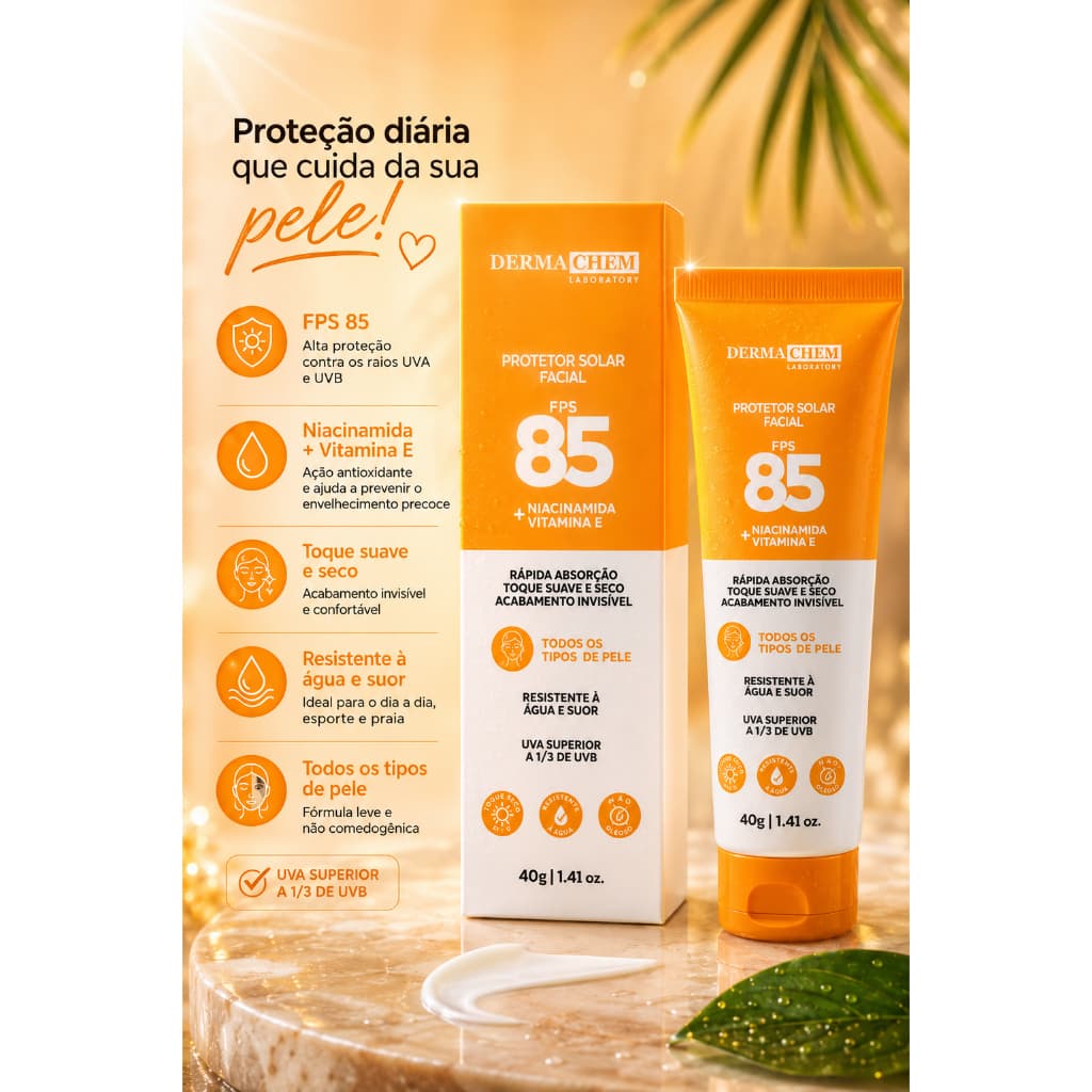 Protetor Solar Facial FPS 85 Alta Proteção Toque Seco Anti-Idade UVA UVB 40g Dermachem