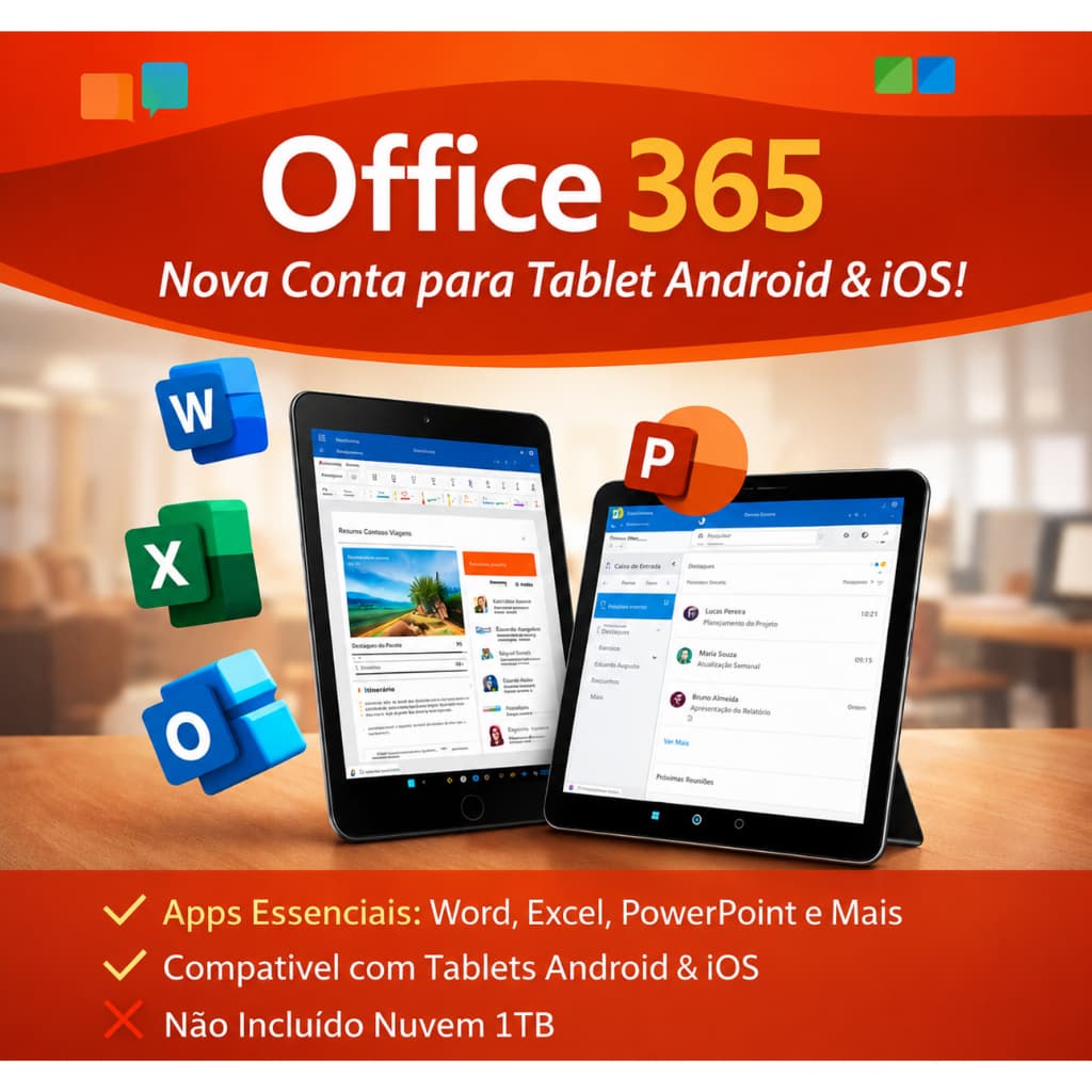 Pacote Office 365 para Tablet Android e iOS | Word Excel PowerPoint