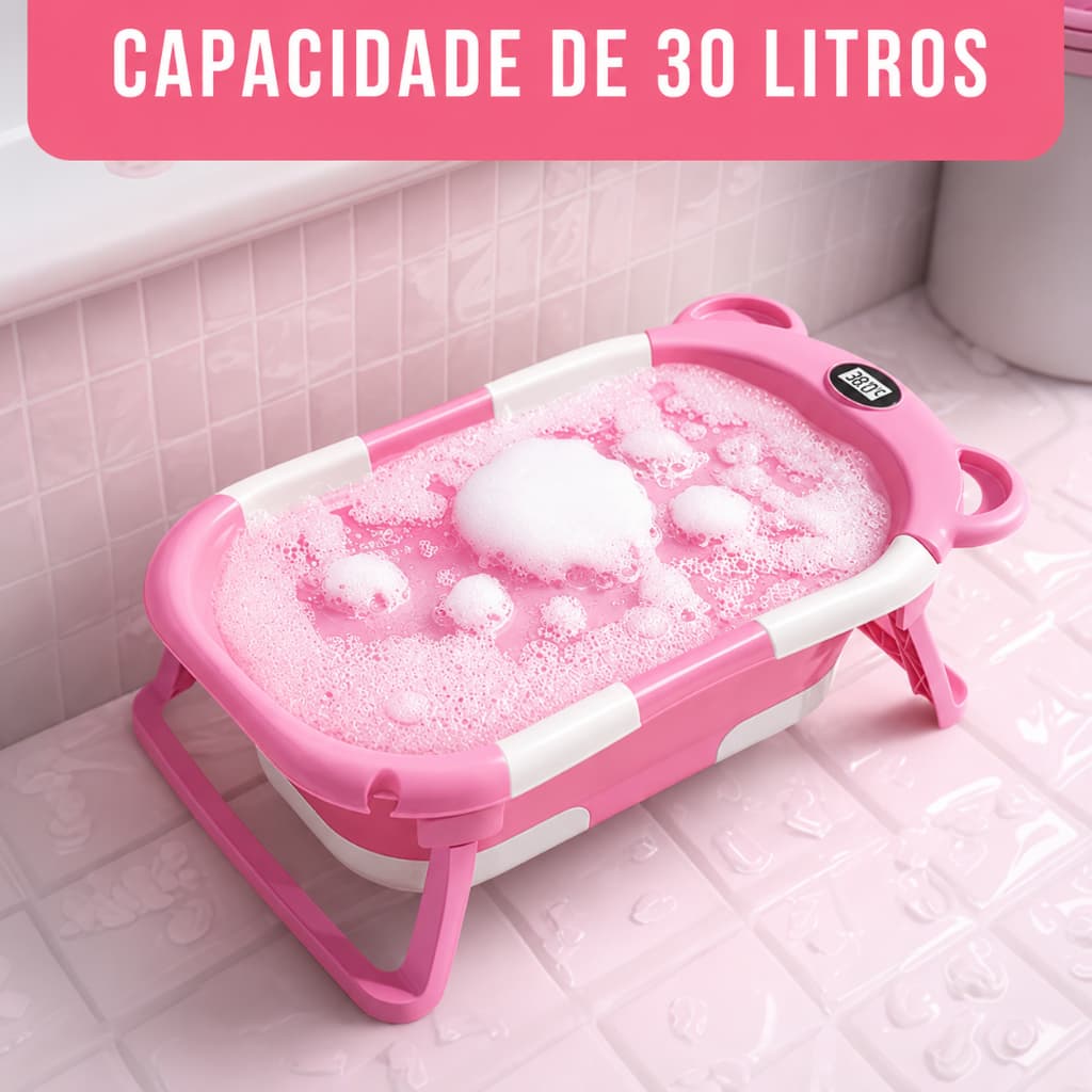 Banheira Bebê Dobrável Ursinho com Termômetro Digital e Almofada Macia Antiderrapante