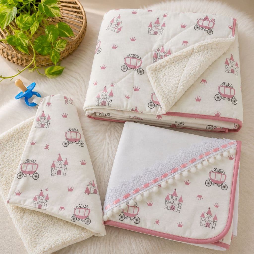 Cobertor Para Bebe + Naninha Pelúcia + Manta Fralda Kit 3 Peças Enxoval Menina Menino Rosa Azul