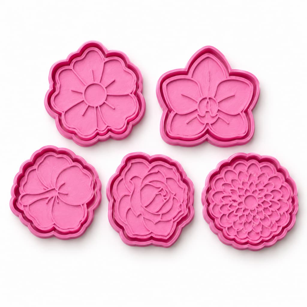 Kit 05 Cortadores de Biscoito Flores com Marcador - Confeitaria Biscuit Cerâmica Massinha Modelar Bolacha Floral