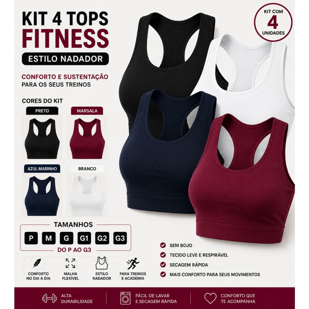 KIT 4 Top Nadador Suplex Liso Academia Fitness Treino Roupas Femininas