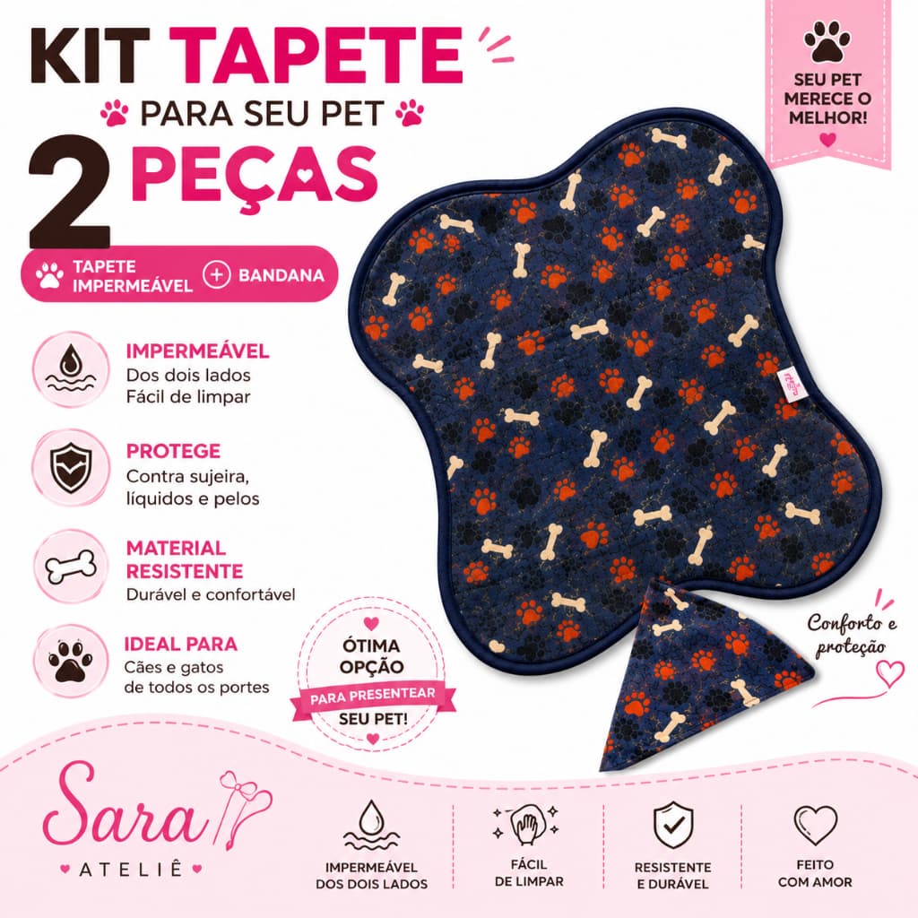 Tapete para Ração e Água Pet + Bandana | Jogo Americano Impermeável para Cachorro e Gato 58x35 cm