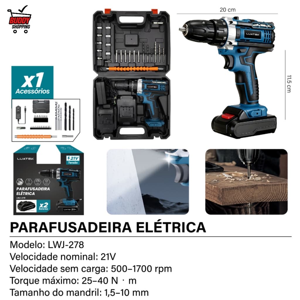 Kit Parafusadeira Furadeira 21V com Maleta e Acessórios 2 Baterias Pronta Entrega