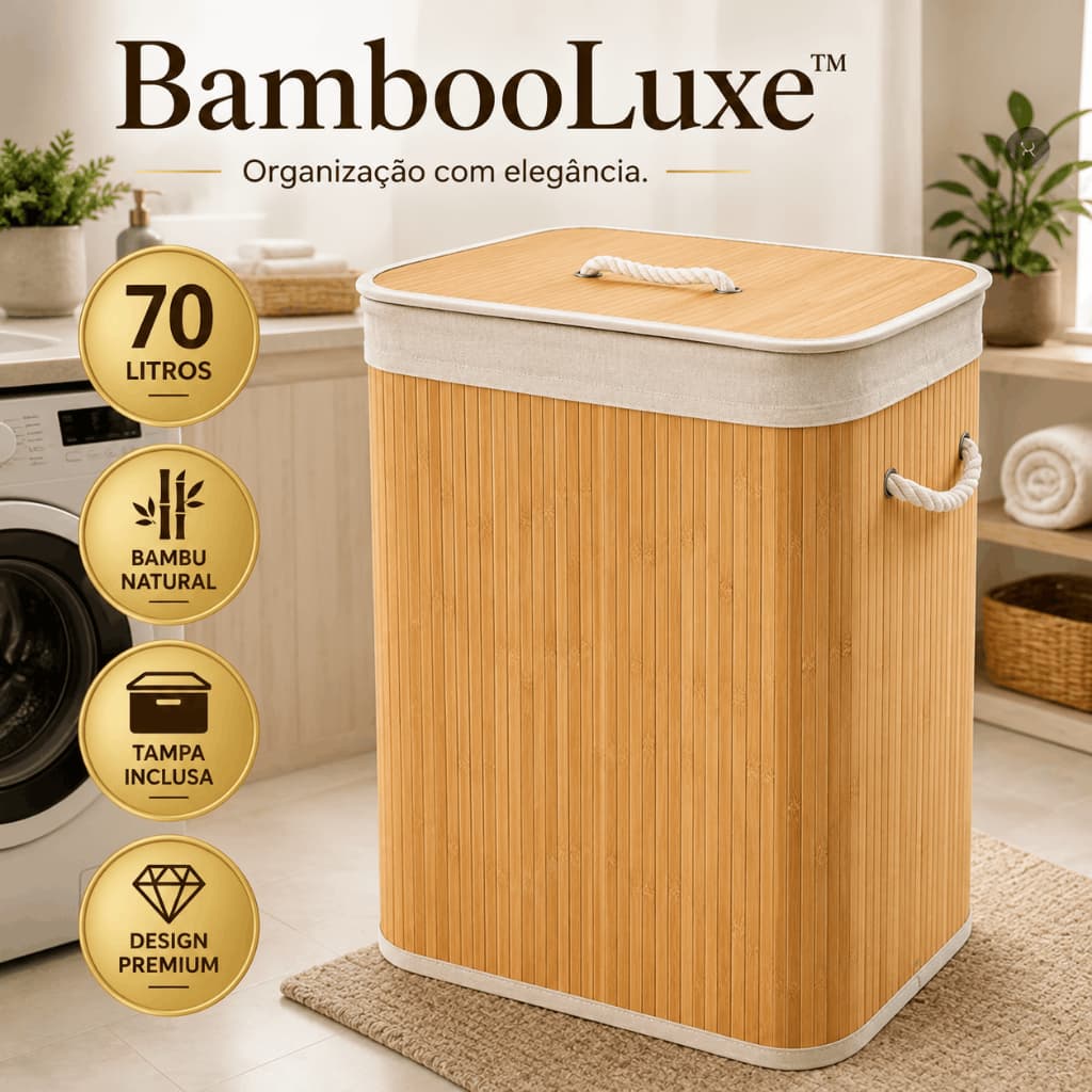 Cesto de Roupa BambooLuxe™ em Bambu 70L com Tampa e Alças Organizador para Lavanderia Quarto Banheiro Dobrável