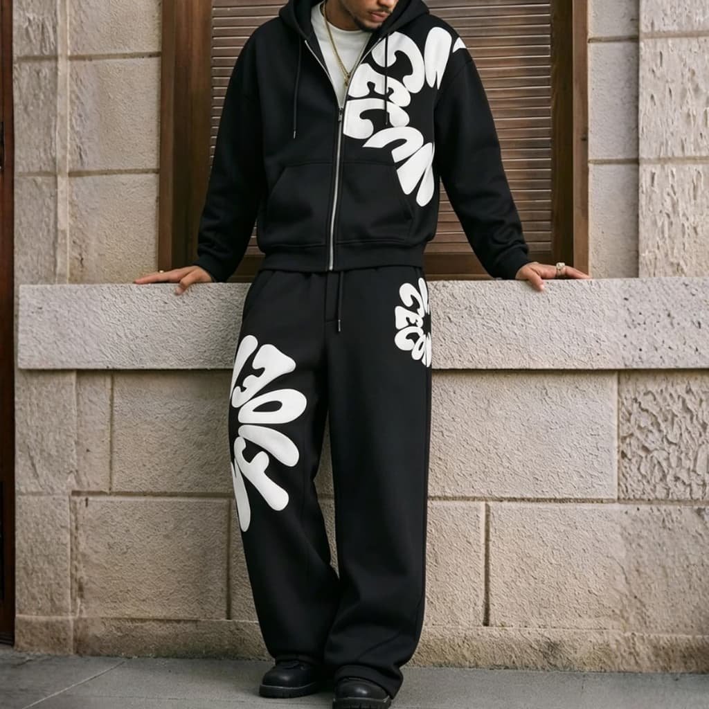 Conjunto Moletom  Ajustavel Ziper Calça Wide  Y2k Streetwear Masculina Flowers Flanelado
