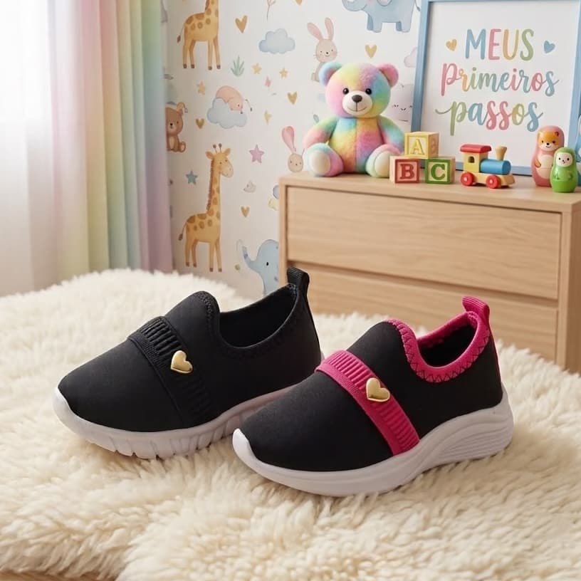 Tênis Calce Fácil KIT 2 Calçados Infantil Pink e Preto Com Elástico e Pingente Coração Lindo Confortável