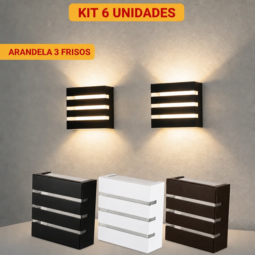 Kit 6un Arandela Slim Luminária 3 Frisos 2 Fachos Uso Externo Interno Acompanha Lâmpada LED