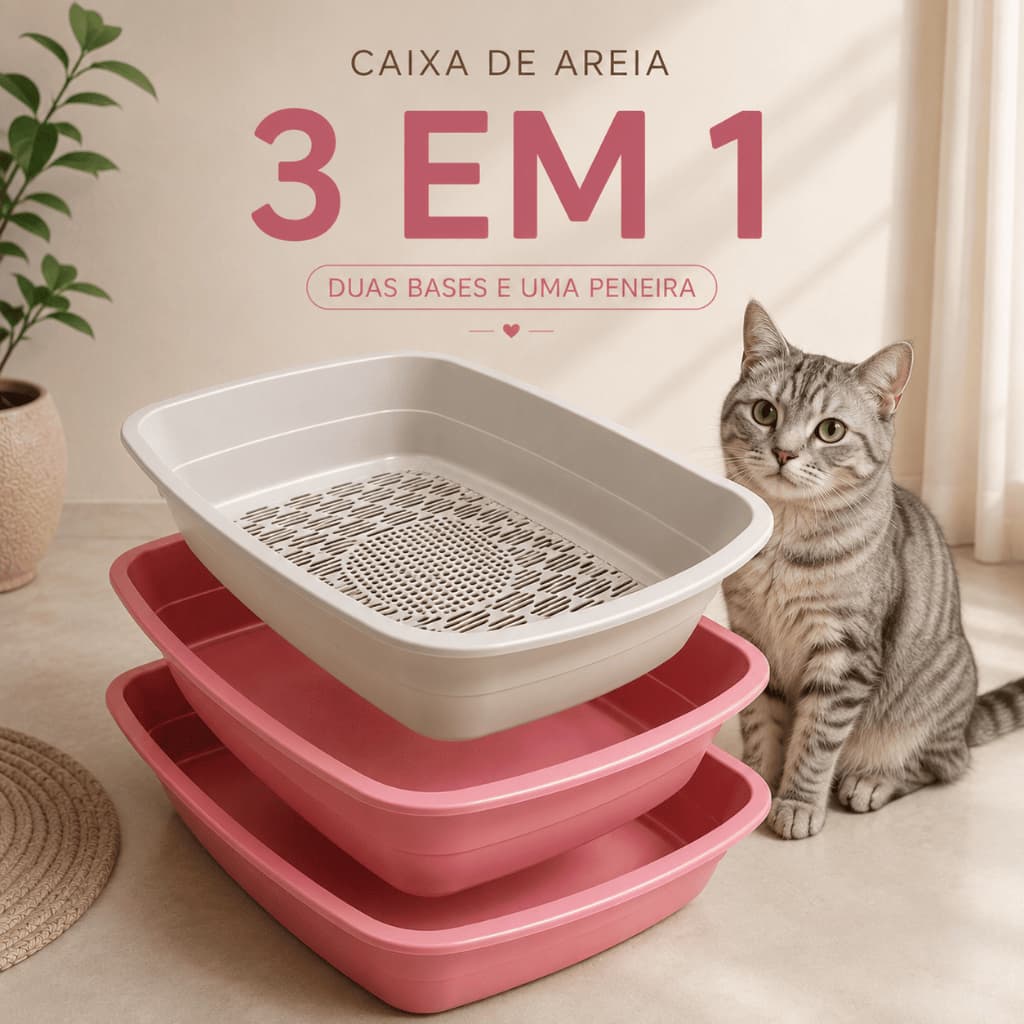 Caixa de Areia Para Gatos Banheira Higiênica Furba 3 Peças Com Bandeja Sanitária e Peneira