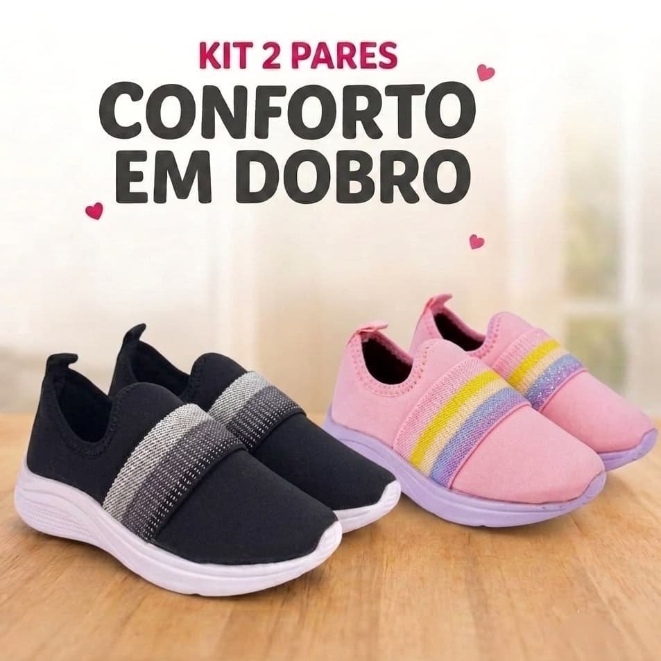 Tênis Calce Fácil KIT 2 Calçados Infantil Nude e Preto Arco-íris Com Elástico e Pingente Coração Confortável