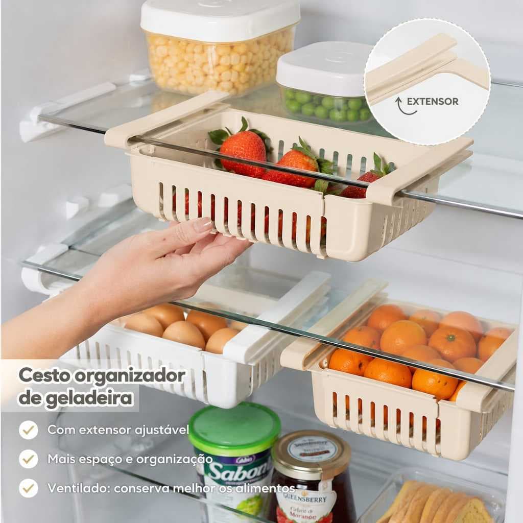 Cesto Organizador de Geladeira Retrátil Ajustável Multiuso Gaveta Organizadora para Frutas Legumes e Alimentos