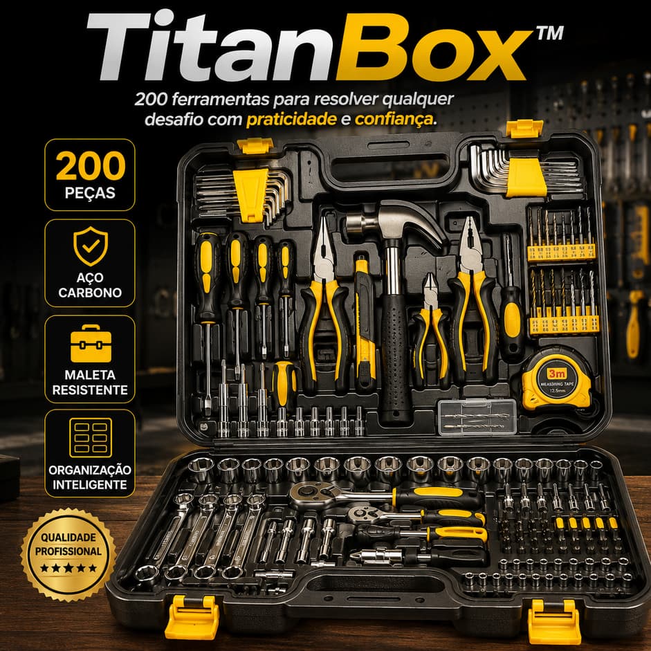 Kit de Ferramentas 200 Peças TitanBox Profissional com Maleta Resistente Completo Chaves Alicates Martelo Soquetes Aço C