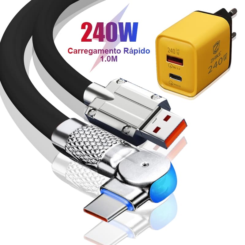 Cabo Carregador Carregamento Rápido Tipo C V8 1M Rotação 180° Silicone Com GaN Adaptador