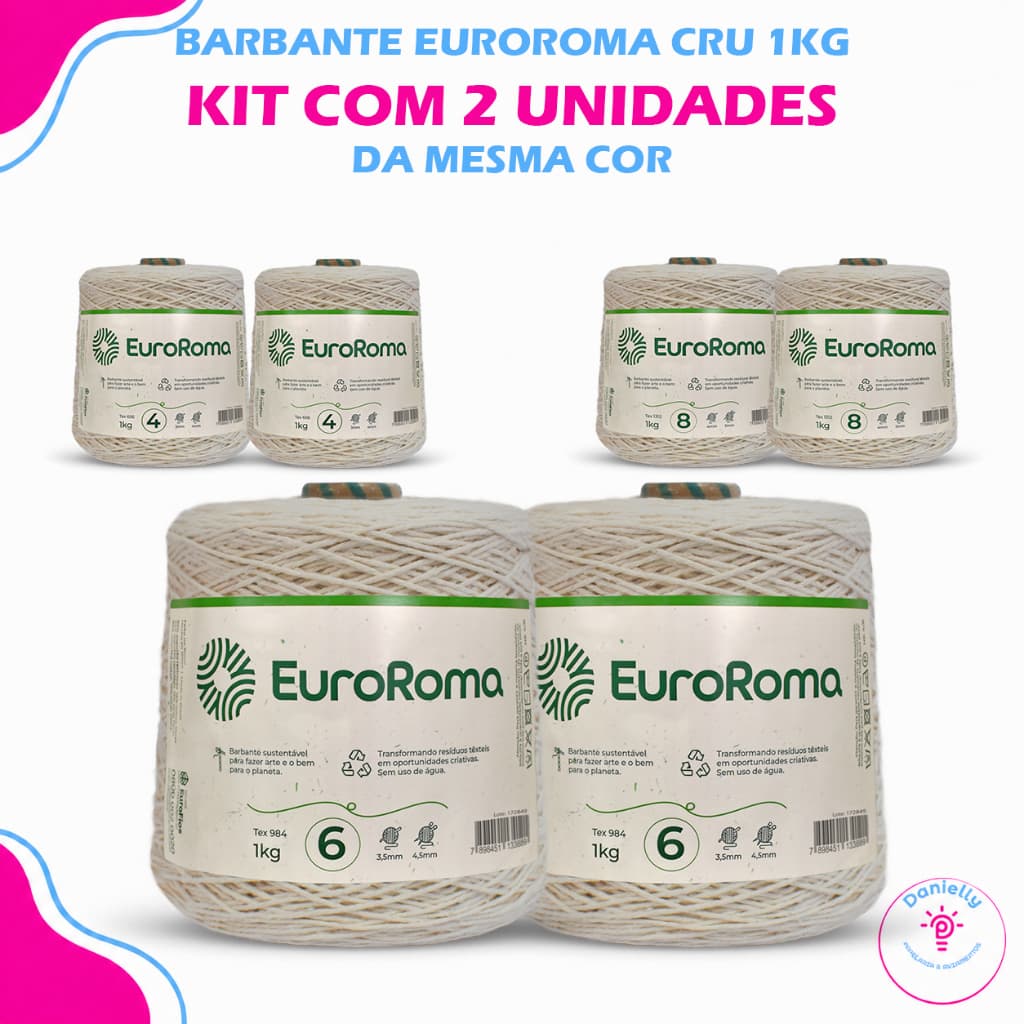 Kit 2 Barbantes EuroRoma Cru 1kg para Crochê, Tapetes e Artesanato