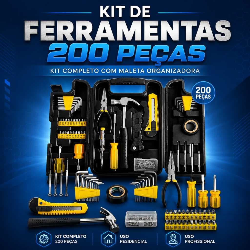 Jogo de Ferramentas 200 Peças Kit Completo com Maleta Reparos Oficina Manutenção Casa