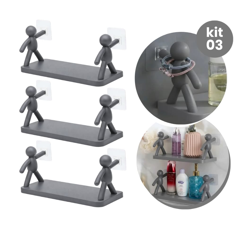 Kit 3 Prateleiras Suporte Bonequinho Preto Parede Adesivo Sem Furo Organizador Banheiro Cozinha Quarto Porta Shampoo