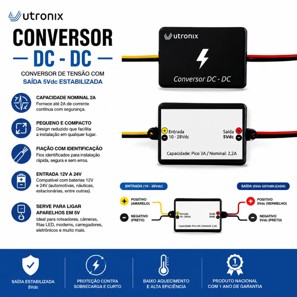 Conversor de tensão 12V e 24V para 5V 3A universal