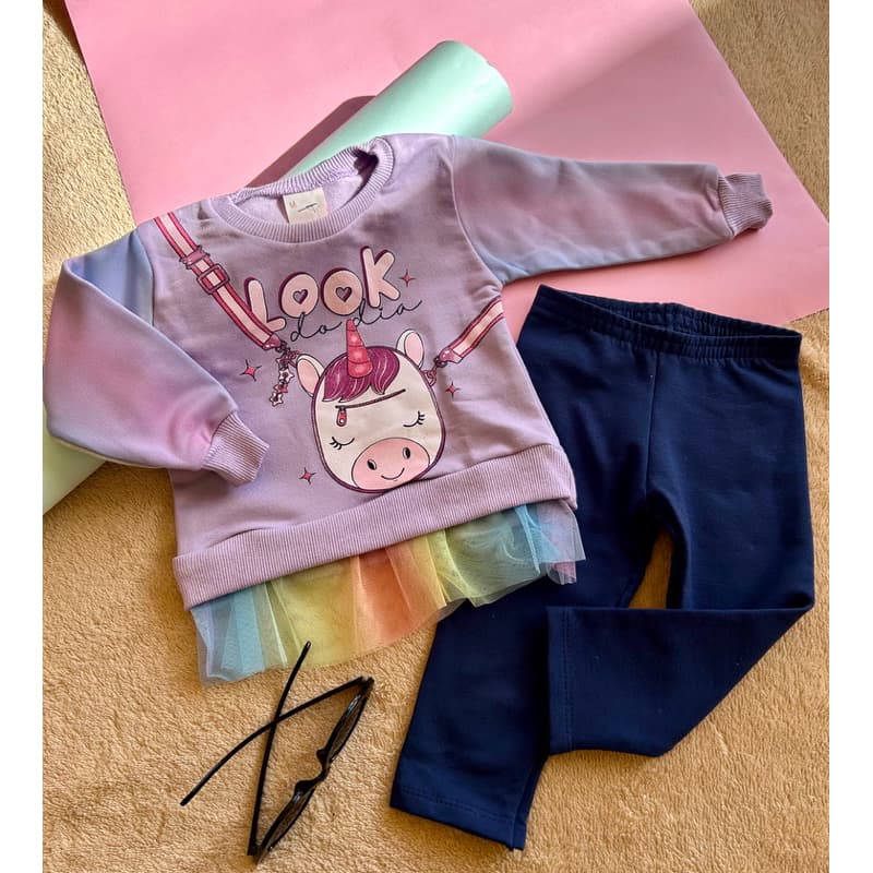 Conjunto Moletom Unicornio Menina Bebê / Calça Moletom Azul e Blusa Moletom Roxa Estampada