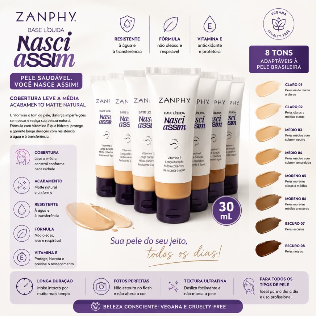 Zanphy Base Líquida Matte 30ml Resistente à Água Vitamina E Vegana Cobertura Leve e Média 8 Tons