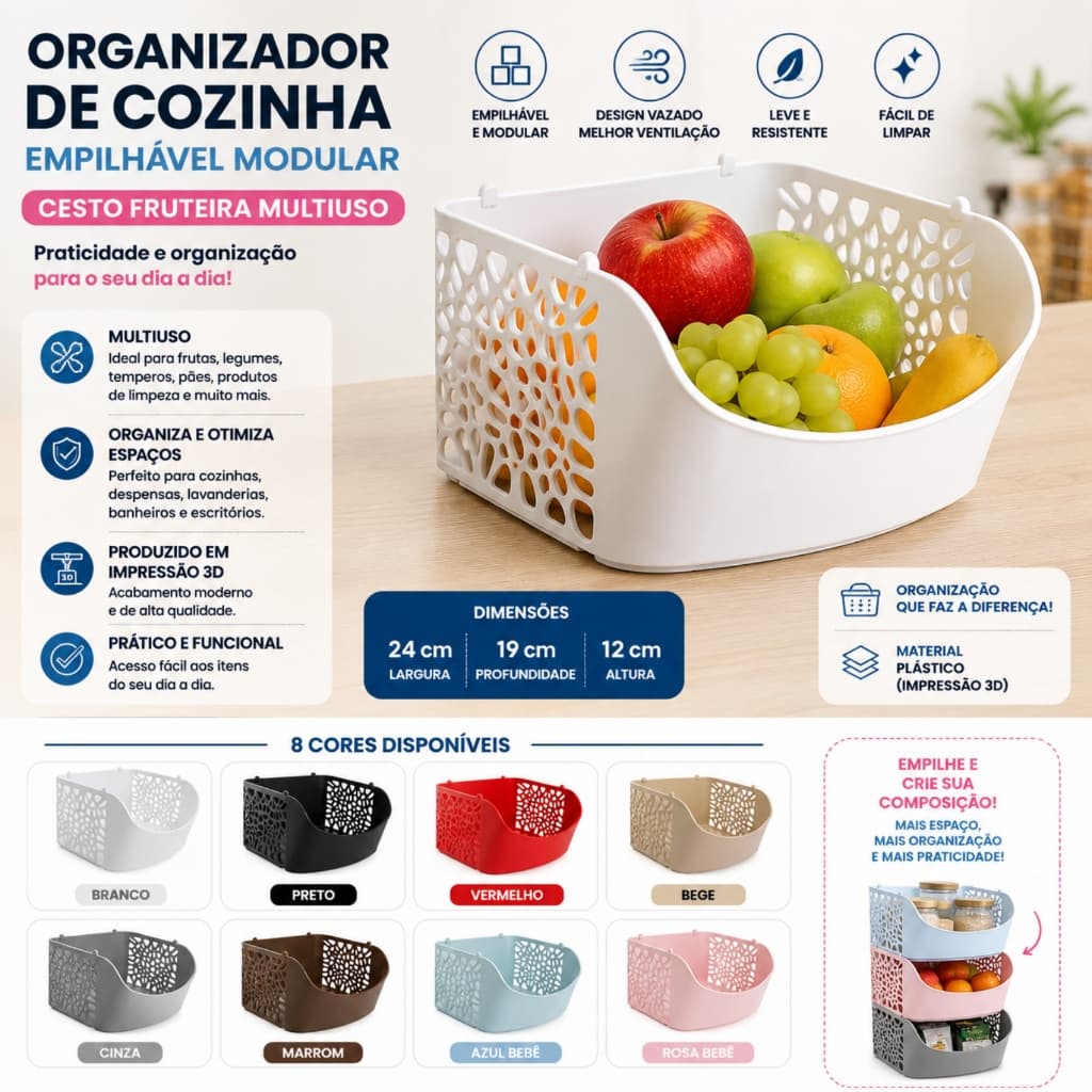 Organizador de Cozinha Empilhável Modular Cesto Fruteira de Bancada Multiuso em Impressão 3D