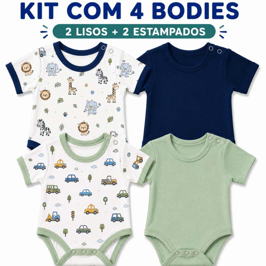 Kit Body Bebê Menina 4 Peças Malha Canelada Algodão Manga Curta Verão Enxoval Roupa Bebê RN P M G