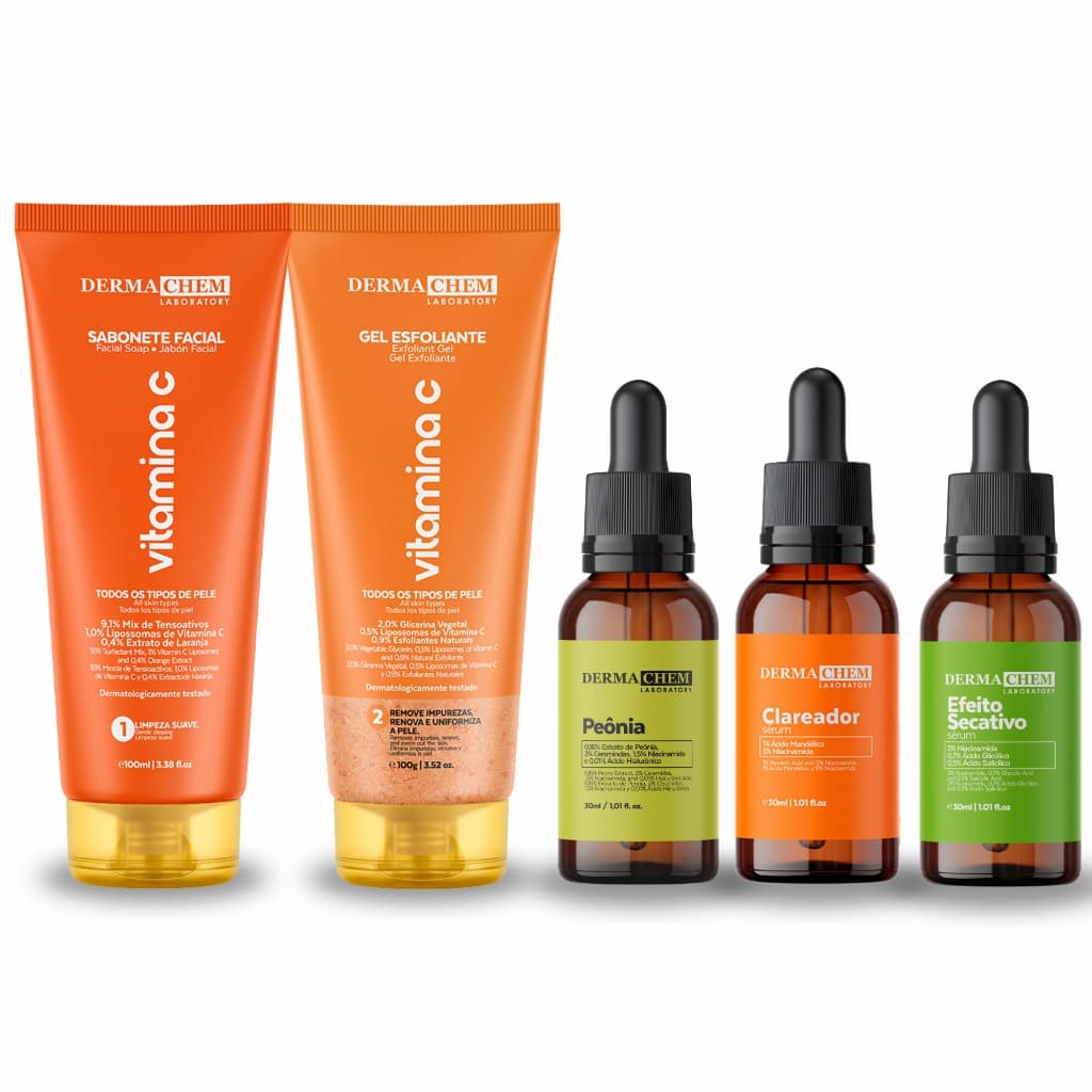 Kit Dermachem Vitamina C Sabonete Facial Gel Esfoliante Escolha 3 Séruns Hyaluronic 1,5% Clareador Peptídeos Bioretinol