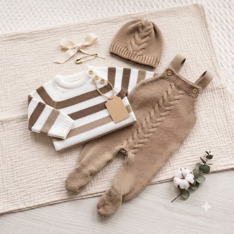 Saída de Maternidade Tricô Menino Kit 3 Peças – Enxoval Bebê Recém-Nascido