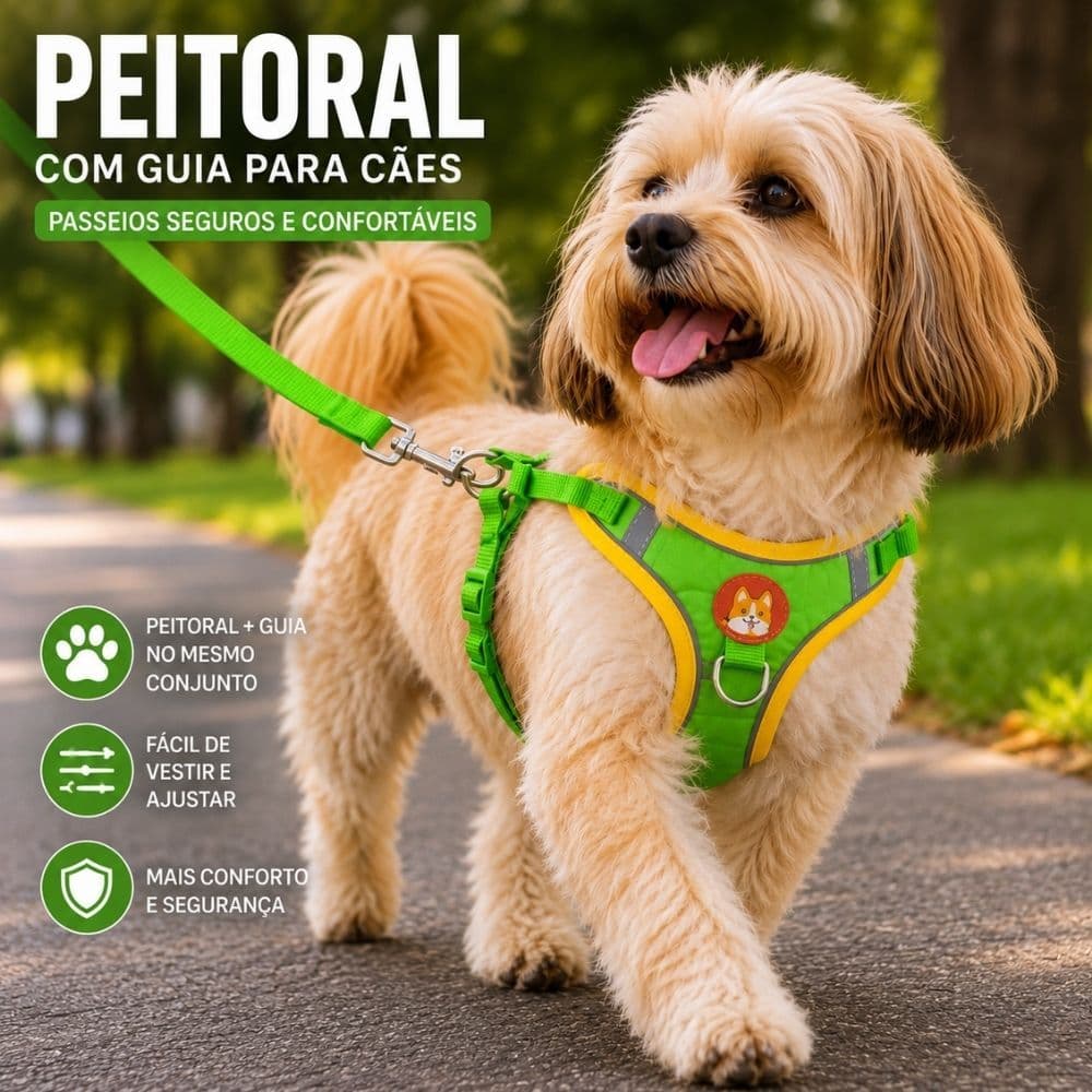 Peitoral Coleira Pet com Guia para Cães e Gatos Ajustável Confortável Resistente Passeio Seguro Anti Puxão